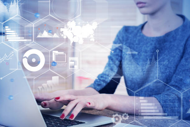 istock Woman in office, infographics interface 1092160644
