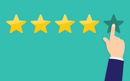 Human hands put rating five star. Customer reviews, rating, classification concept. Rank. Vector illustration