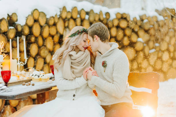 Winter wedding photosession in nature stock photo