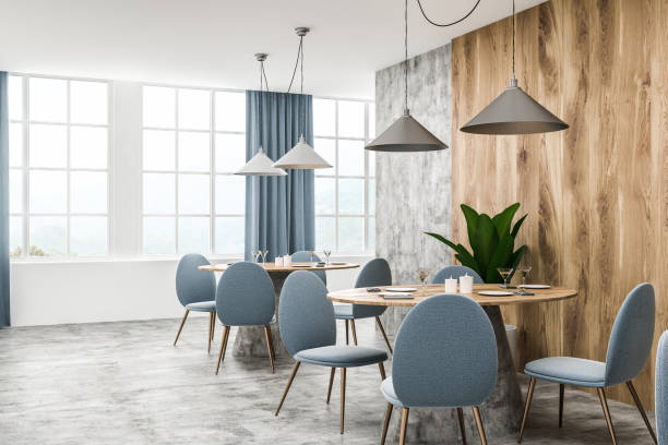 istock Wood and white loft cafe interior, blue chairs 1092165498
