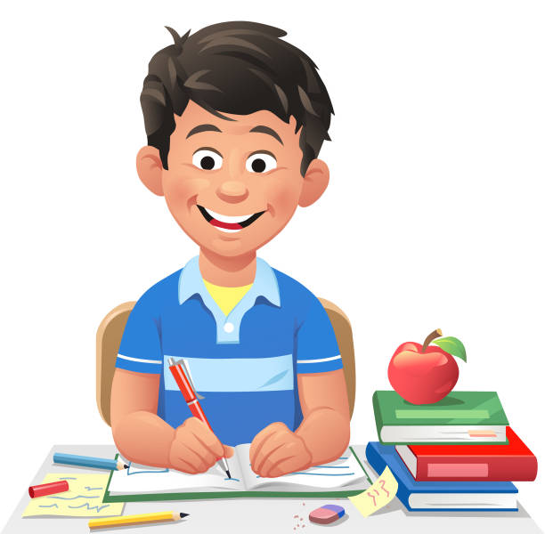 Boy Doing Homework Vector illustration of a cute little boy, sitting at a desk besides a pile of books and an apple, learning and doing his homework. Concept for boys in school, education, intelligence and students in preschool age. kids reading clipart stock illustrations