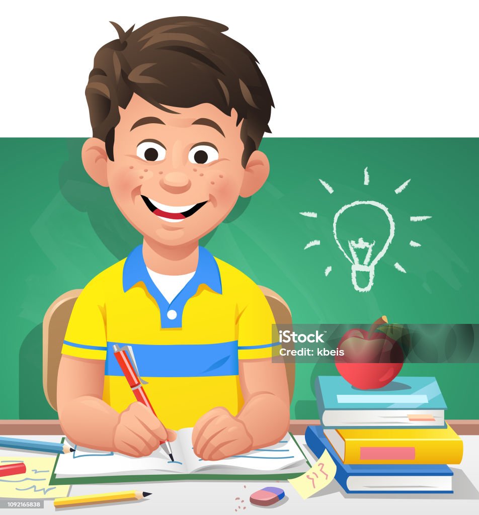 Clever Boy In Classroom Vector illustration of a cute little boy learning in the classroom. On the blackboard behind him is a drawn light bulb. Concept for boys in school, cleverness, education, intelligence and students in preschool age. Child stock vector