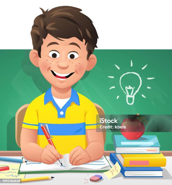 Clever Boy In Classroom Stock Illustration - Download Image Now - Child, Learning, Studying