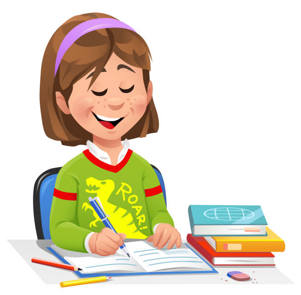 Girl Doing Homework Vector illustration of a cute little girl, sitting at a desk learning and doing her homework. Concept for girls in school, education, intelligence and students in preschool age. people-reading-books-clip-art stock illustrations