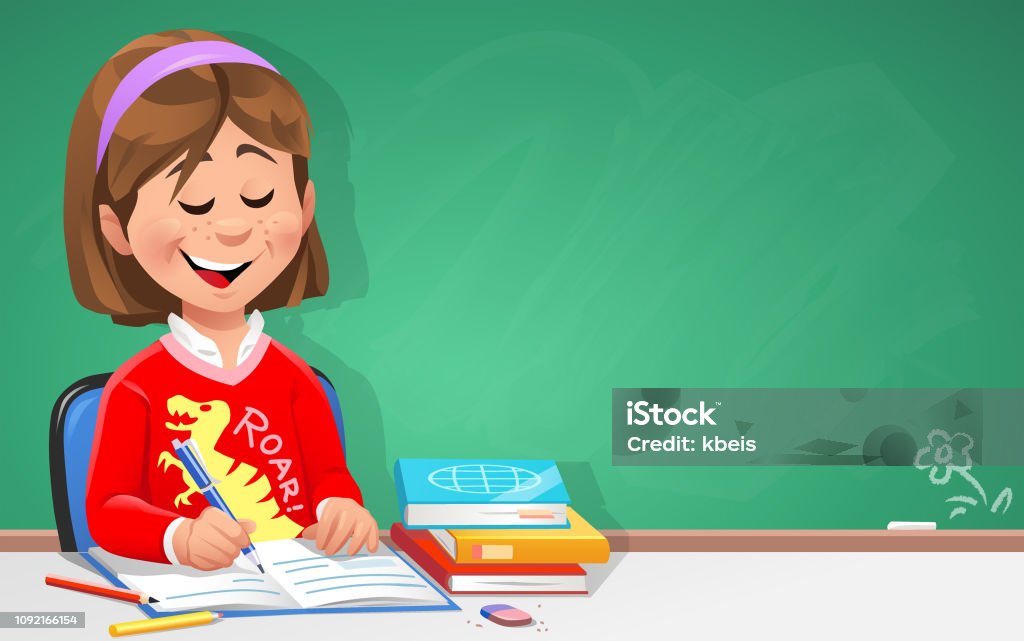 Clever Girl In Classroom A cute little girl learning in the classroom in front of a blackboard. Vector illustration with space for text. Cartoon stock vector