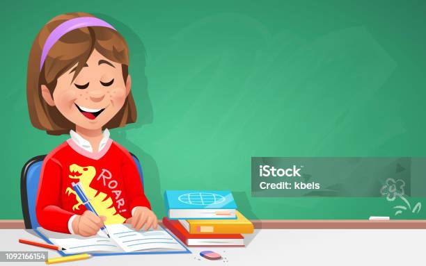 Clever Girl In Classroom Stock Illustration - Download Image Now - Cartoon, Child, Studying