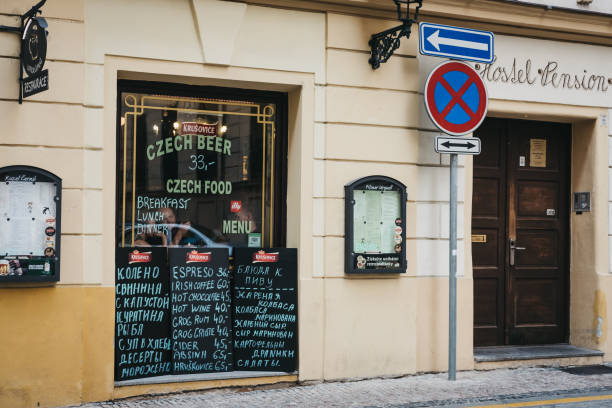 Prague, Czech Republic - August 23, 2018: Czech food and beer black board menu outside a Czech restaurant in Prague. Beer is a large part of Czech culture.