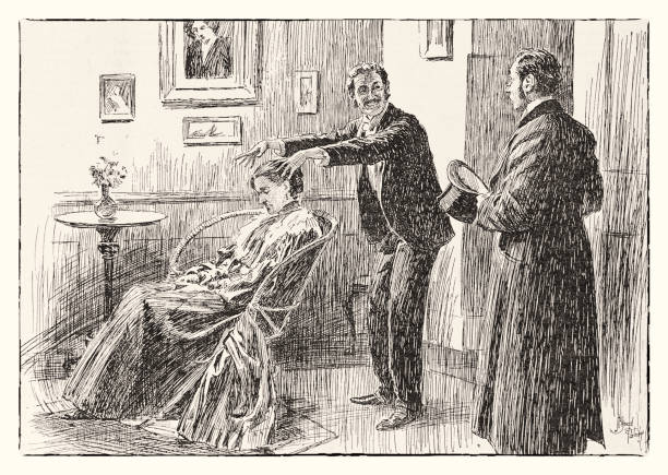A moustachioed psychic or hypnotist talks to a gent as a woman sits before them in a trance.\n\nImage taken from an 1896 issue of Punch Magazine