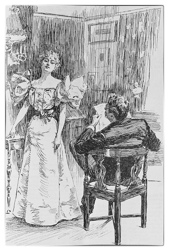 A man and woman in a Victorian household discussing the talking-points of the day \n\nImage taken from an 1896 issue of Punch Magazine