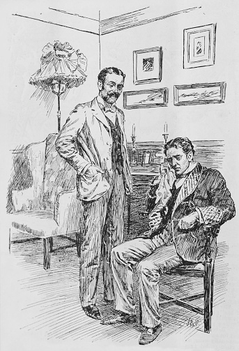 Two men in a parlour talking, one of whom looks upset by something. \