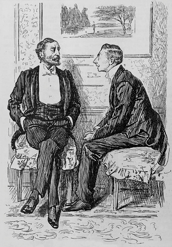 Two gents in formal attire discuss something. \n\nImage taken from an 1896 issue of Punch Magazine