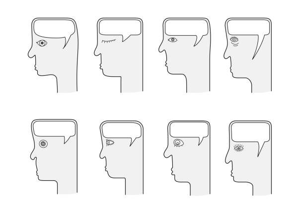 ilustraciones, imágenes clip art, dibujos animados e iconos de stock de perfil estilizado de una cabeza hombre triste seria con un cráneo abierto con una nube de texto en lugar de cerebro - posing profile side view pensive