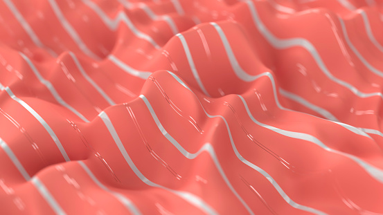 Living coral color wavy background with white stripes. 3d render illustration