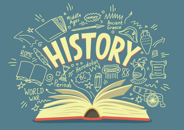 otwarta książka z bazgrołami historii i napisami - historia stock illustrations
