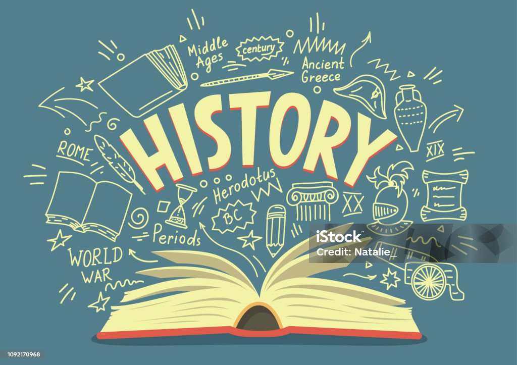 Open book with history doodles and lettering Open book with history doodles and lettering. Education vector illustration. History stock vector