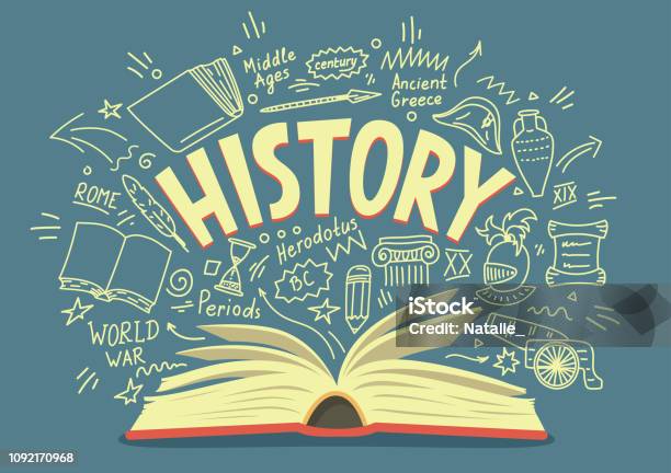 Open Book With History Doodles And Lettering Stock Illustration - Download Image Now - History, Book, Education