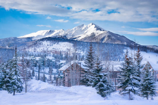Snowy Mountain town in Colorado in winter. stock photo