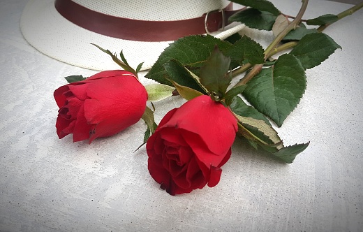 Red roses on wooden grey background, romantic, love St Valentine's gift. Horizontal photo.