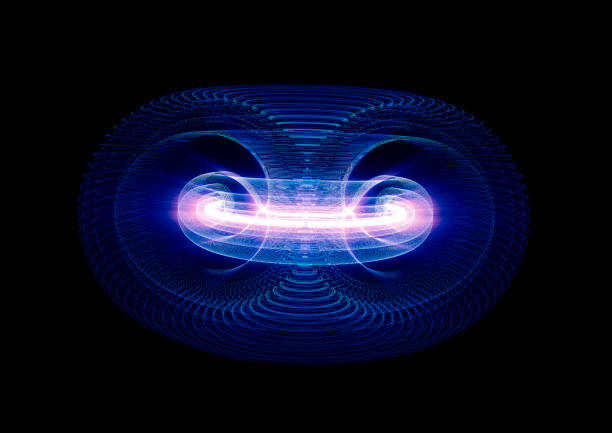 hochenergetische teilchen durch ein tokamak oder donut-förmigen gerät fließen. antigravitation, magnetfeld, kernfusion, gravitationswellen und raumzeit-konzept - physics atom electron chemistry stock-fotos und bilder