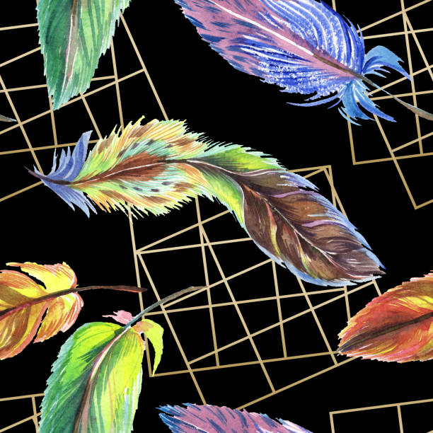 istock Colorful feathers. Watercolour drawing fashion aquarelle isolated. Seamless background pattern. 1092181566