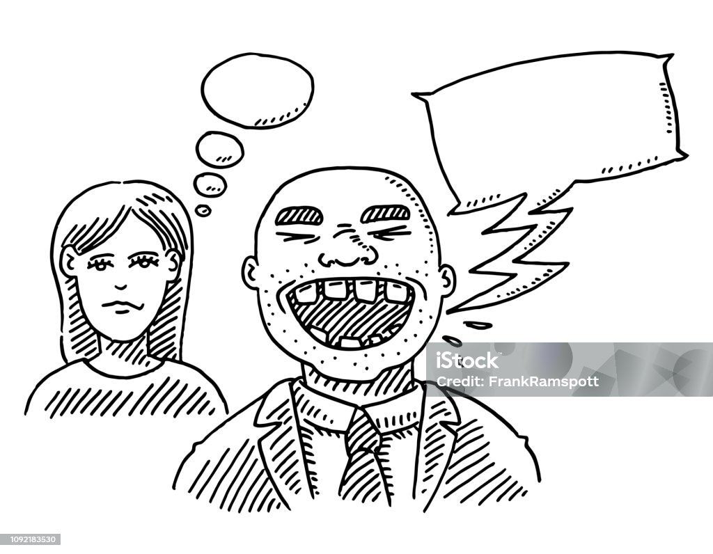 Annoyed Woman Rude Man Speech Bubble Drawing Hand-drawn vector drawing of an Annoyed Woman and a Rude Man with a Speech Bubble and a Thought Bubble. Black-and-White sketch on a transparent background (.eps-file). Included files are EPS (v10) and Hi-Res JPG. Doodle stock vector