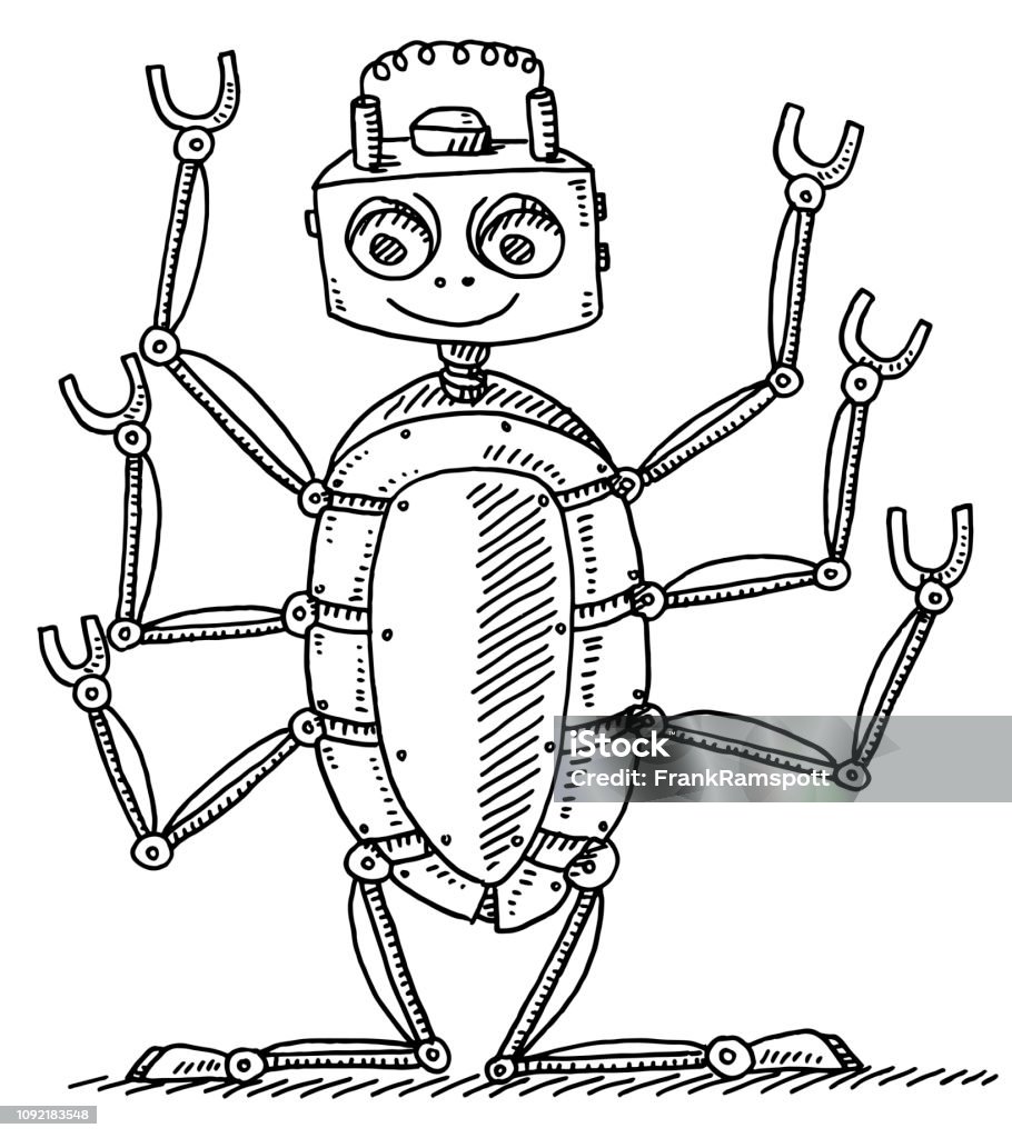 Cartoon Insect Robot Drawing Hand-drawn vector drawing of a Cartoon Insect Robot. Black-and-White sketch on a transparent background (.eps-file). Included files are EPS (v10) and Hi-Res JPG. Anthropomorphic Smiley Face stock vector