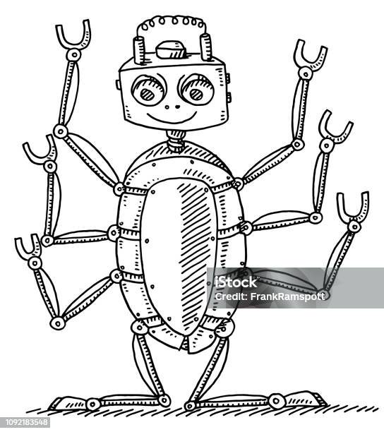 Cartoon Insect Robot Drawing Stock Illustration - Download Image Now - Anthropomorphic Smiley Face, Black And White, Black Color