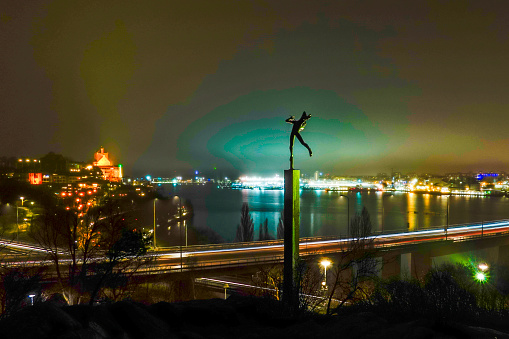 Stockholm, Sweden January 10, 2018 A statue by Swedish sculptor Carl Milles (1875-1955) looks out from Lidingo over Ropsten and the Stockholm harbor in the early morning.