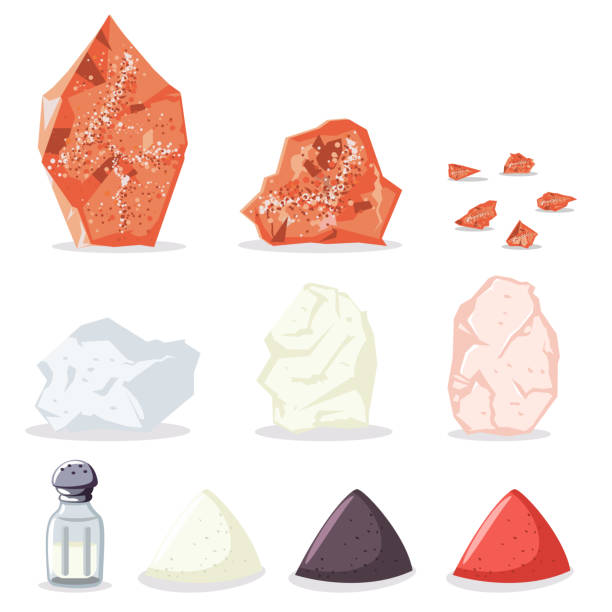 ilustrações de stock, clip art, desenhos animados e ícones de himalayan pink and rock salt, sugar, pepper and other spices. vector icon set of raw minerals for cooking isolated on white background. - salt
