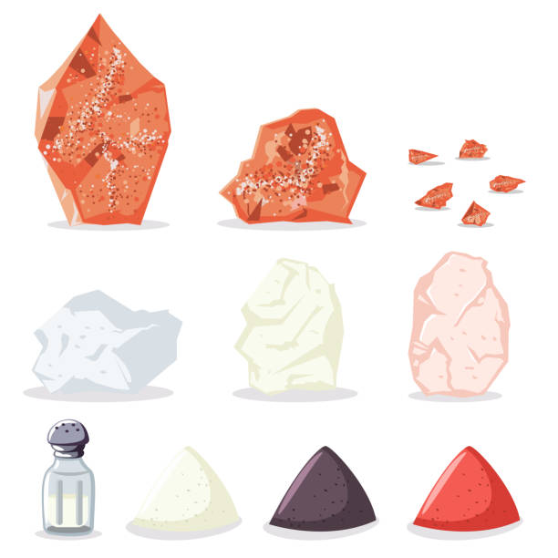 Himalayan pink and rock salt, sugar, pepper and other spices. Vector icon set of raw minerals for cooking isolated on white background. Himalayan pink salt vector cartoon icon. pink pepper spice ingredient stock illustrations