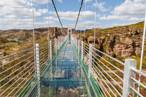 Photo of glass suspension bridge in the mountains