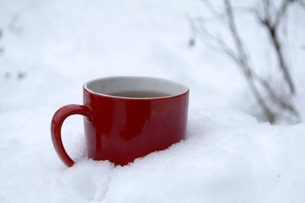 istock Red mug with tea in the snow Winter morning 1092191424