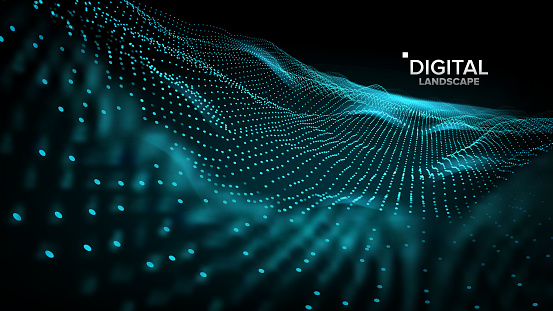 Technology Landscape Vector. Tech Surface. Dot Land. Geometric Data. Particle Wireframe. Big Flow. 3D Illustration