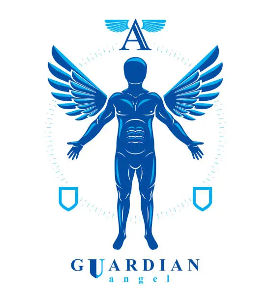 Vector illustration of Vector graphic illustration of strong male, body silhouette created with angel wings. Holy Spirit, cupid metaphor.