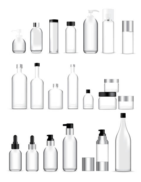 ilustrações de stock, clip art, desenhos animados e ícones de mock up realistic glass bottles healthy and cosmetic packaging  soap, shampoo, cream, oil dropper and spray set for skincare product  background illustration - white black plastic packaging