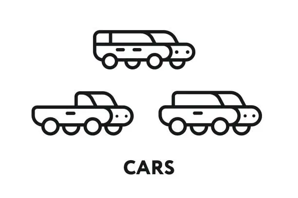 Vector illustration of Cute Isometric Car Toy. Convertible, Crossover, Sedan. Minimal Flat Line Outline Stroke Icon.