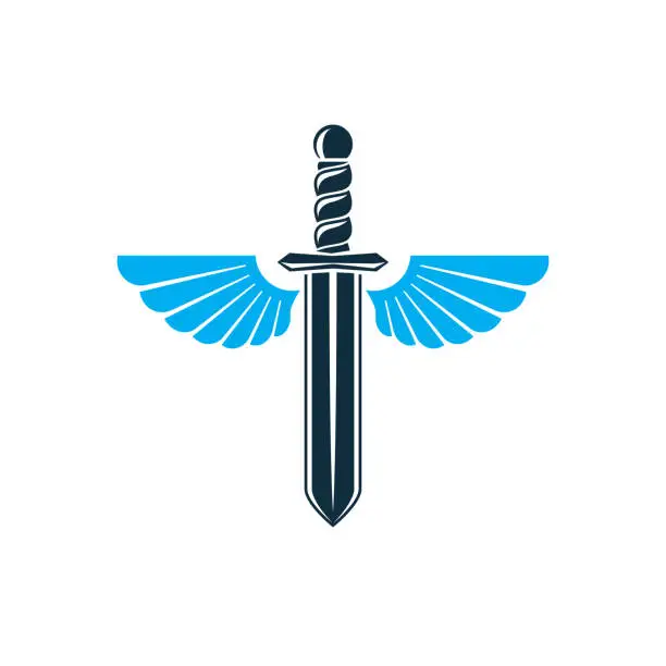 Vector illustration of Vector graphic illustration of sword created with bird wings, battle and security metaphor symbol. Seraph vector emblem.