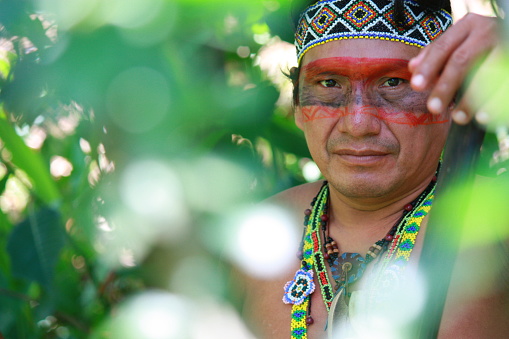 The image was made in a private wooded site in São Paulo, SP, Brazil - 01 November, 2011 with a native known as Katukina, a South American tribe from Acre. An Indian Katukina man is standing in the middle of bushes, his face  painted with urucum and he wears ethinic clothing.