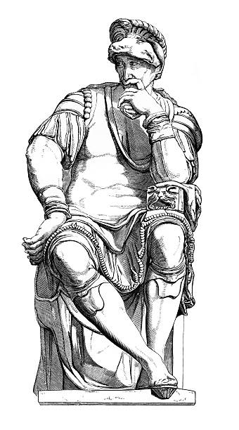 Giuliano de Medici by Michelangelo This vintage engraving depicts the seated portrait of Giuliano de Medici (1479 - 1516), of the powerful Florentine family of the Renaissance. It was engraved from a drawing by Professor Philip Henry Delamotte (1821 - 1889) after the sculpture by Michelangelo (1475 - 1564). Published in an 1883 history of Florence, it is now in the public domain. michelangelo stock illustrations