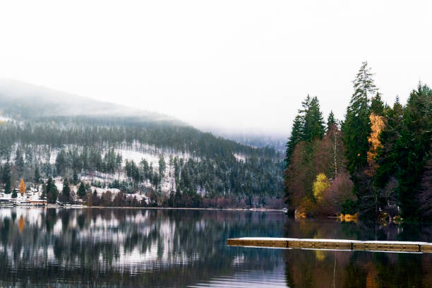 Winter landscape with perfect water reflections and foggy mountains that surround the two most famous lakes of the Black Forest region in Germany. Near Alps, Europe