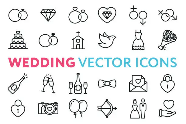 Vector illustration of Wedding, Marriage, Engagement, Bridal Flat Line Vector Icon Set. Valentine Day. Love, Heart, Bride, Groom, Wife, Husband. Rings, Cake, Chapel, Dove, Dress, Bouquet, Champagne, Invitation.