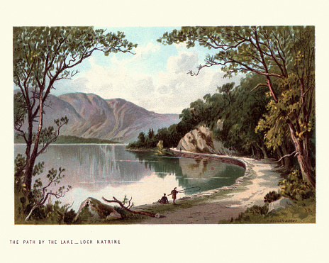 Vintage engraving of Scottish landscape, Path by Lake,  Loch Katrine, Scotland. 19th Century. Loch Katrine is a freshwater loch and scenic attraction in the Trossachs area of the Scottish Highlands.