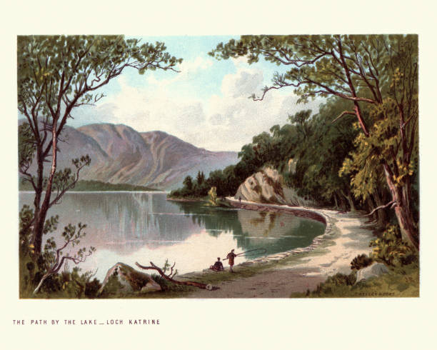 Scottish landscape, Path by Lake,  Loch Katrine, Scotland. 19th Century Vintage engraving of Scottish landscape, Path by Lake,  Loch Katrine, Scotland. 19th Century. Loch Katrine is a freshwater loch and scenic attraction in the Trossachs area of the Scottish Highlands. retro landscape stock illustrations