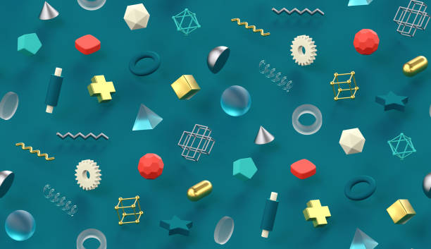 istock Seamless turquoise texture creative 1980s style pattern design with 3d geometry shapes colorful abstract memphis scene art background 1092221892