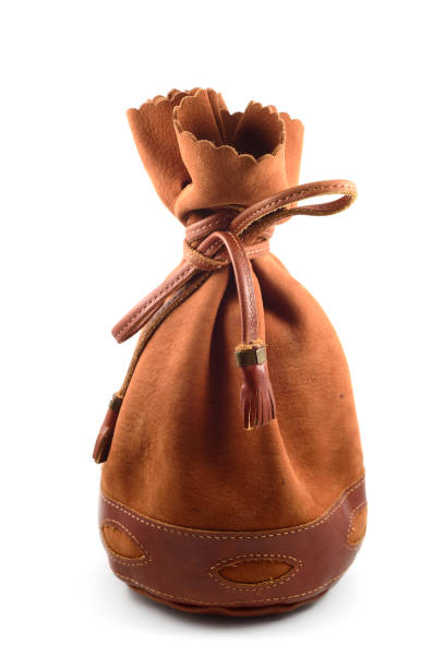 brown suede pouch on white background, vertical