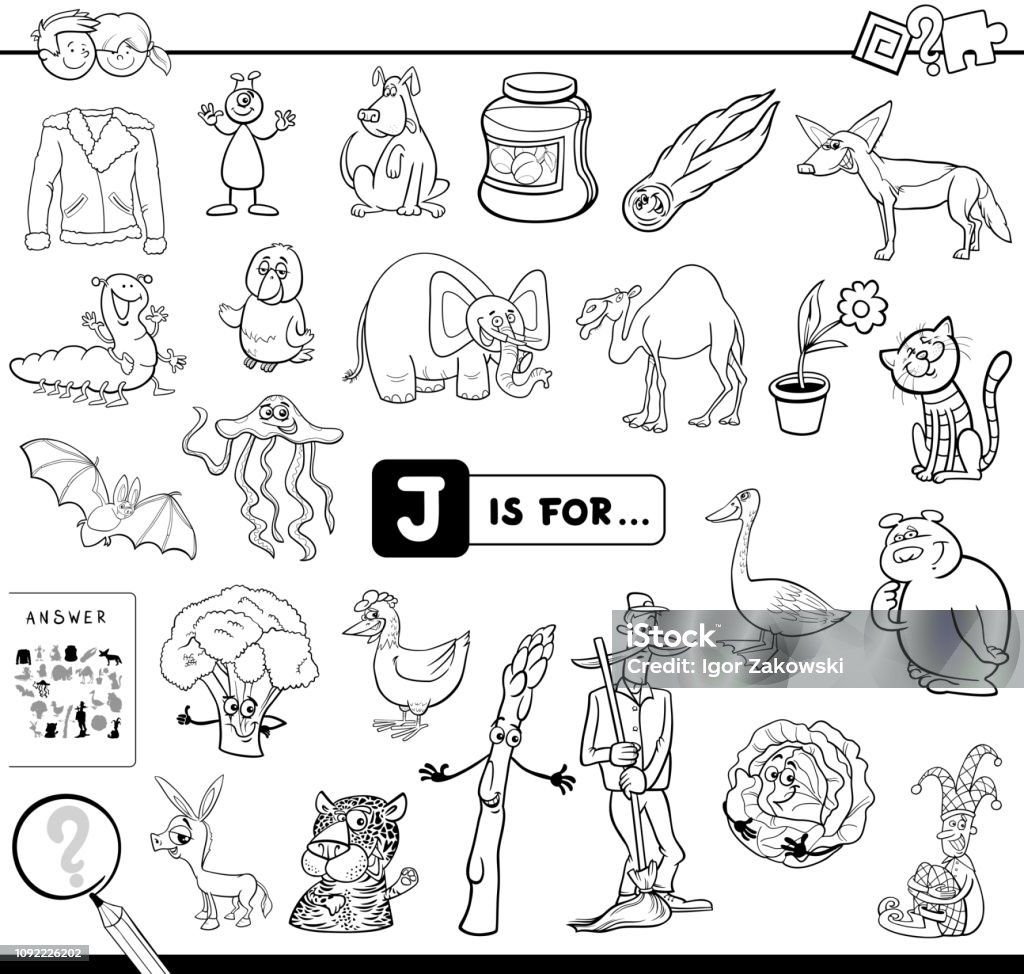J is for educational game coloring book Black and White Cartoon Illustration of Finding Picture Starting with Letter J Educational Game Workbook for Children Coloring Book Alphabet stock vector