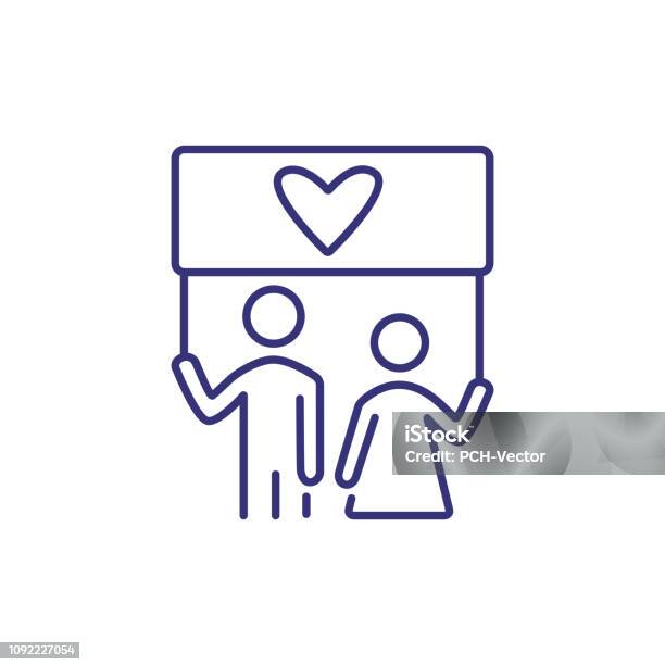 Couple Holding Love Banner Line Icon Stock Illustration - Download Image Now - Adult, Banner - Sign, Bisexuality