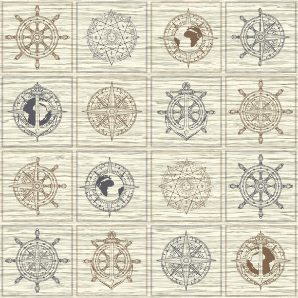 vintage seamless background on the theme of travel Vector seamless background on the theme of nautical travel, adventure and discovery. Wind roses, ship anchors, compasses, helms and other nautical symbols on the checkered background in vintage style anchor free pic stock illustrations