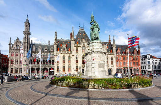 Bruges, Belgium - June 2018: Provincial Court building on Market square (Grote markt) in Brugge