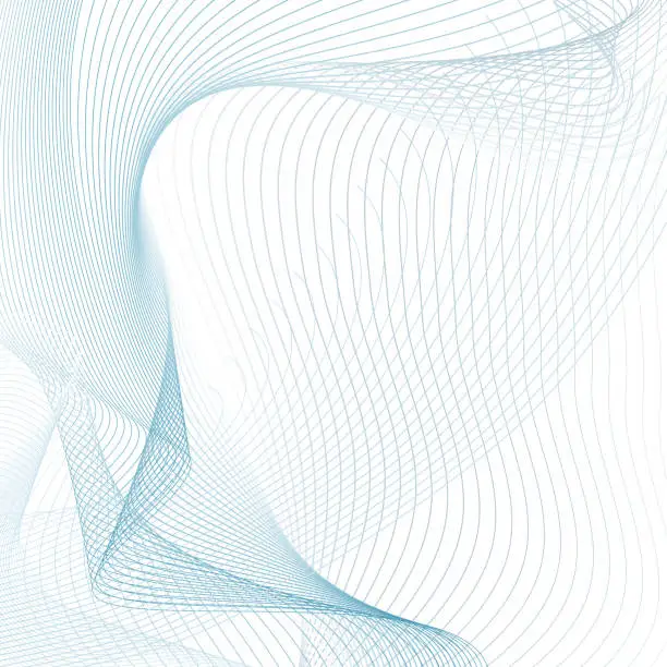 Vector illustration of Grid technic abstraction with copy space. Vector squiggle, waving light blue, gray subtle curves. Line art futuristic design. Modern scientific wave pattern on white background. Draped textile imitation. EPS10 illustration